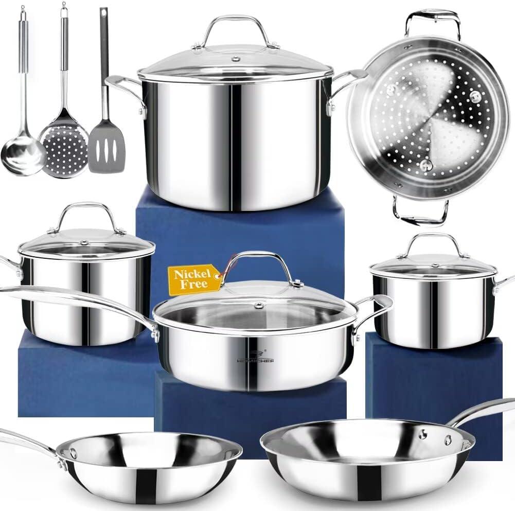 HOMICHEF 14-Piece Nickel Free Stainless Steel Cookware Set Whole-Clad 3-Ply - Mirror Polished Pots And Pans Set - Healthy Cookware Set With Steamer - Non-Toxic Induction Cookware Sets, 14 PCS - Whole-Clad 3-PLY