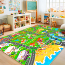 Pionblank Kids Car Rug for Playroom Classroom, Town City Life 5x7 Area Rugs Playmat,Non Slip Washable Trucks Track Carpet for Boys Girls