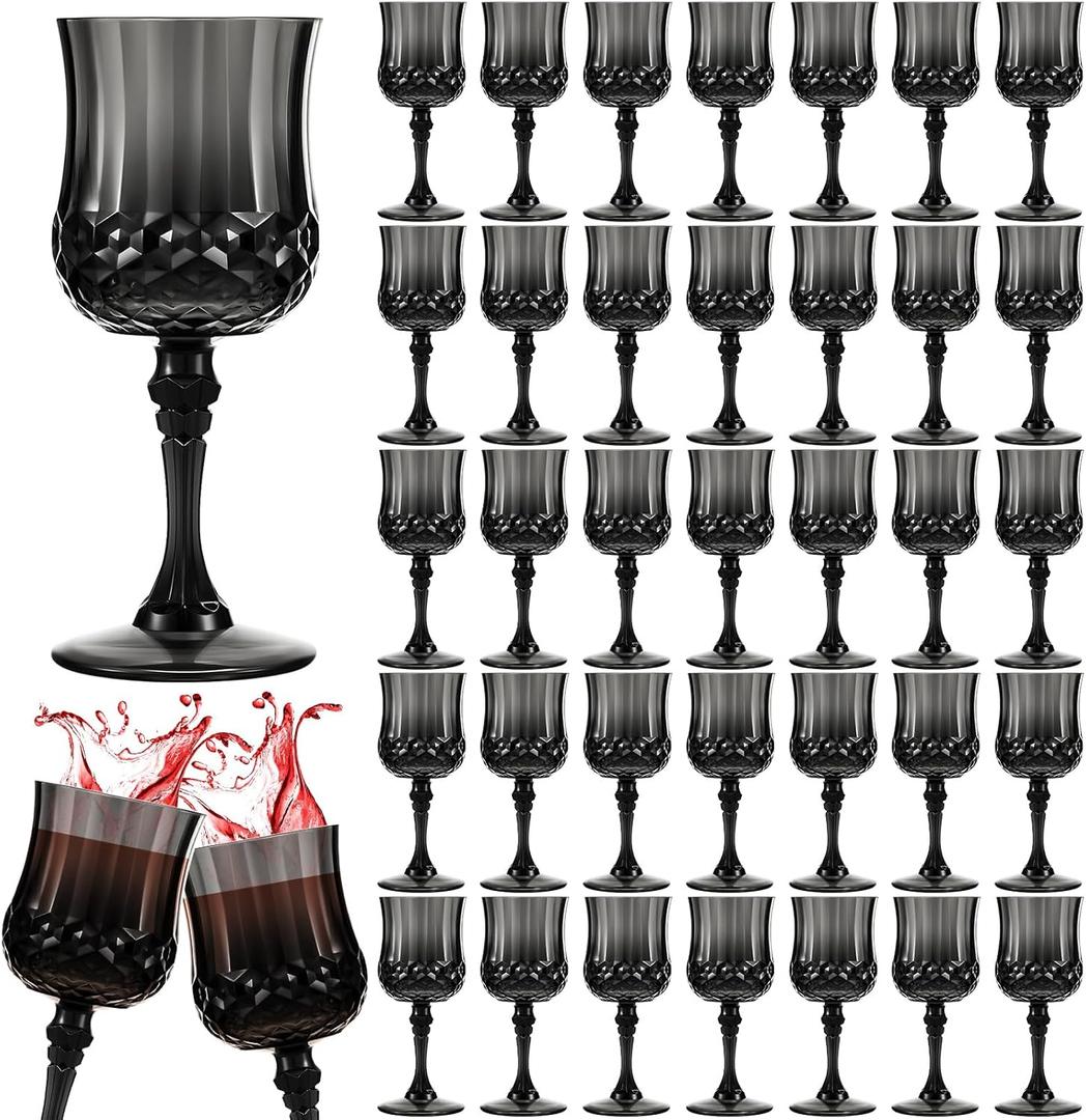 Pinkunn 50 Pcs Black Patterned Plastic Wine Glasses Colorful Goblet Champagne Flutes Vintage Style Dishwasher Safe Drinking Glasses for Wedding, Reception, Grand Event Party