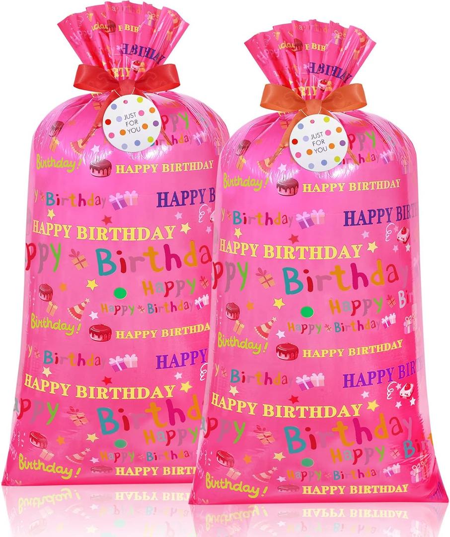 Teling 2 Pcs 70"x 40" Extra Large Jumbo Gift Bags Plastic Present Giant Wrapping Bags with 2 Cord Tie and 2 Gift Tags for Birthday Party Supplies(Girl Style)