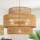 Boho 17” Rattan Chandelier Light Fixture, 5-Light Hand Woven Rattan Pendant with 3-Tier Wicker Shade, Adjustable Farmhouse Ceiling Hanging Light for Dining Room, Kitchen, Living Room, Bedroom, 17.7 inch