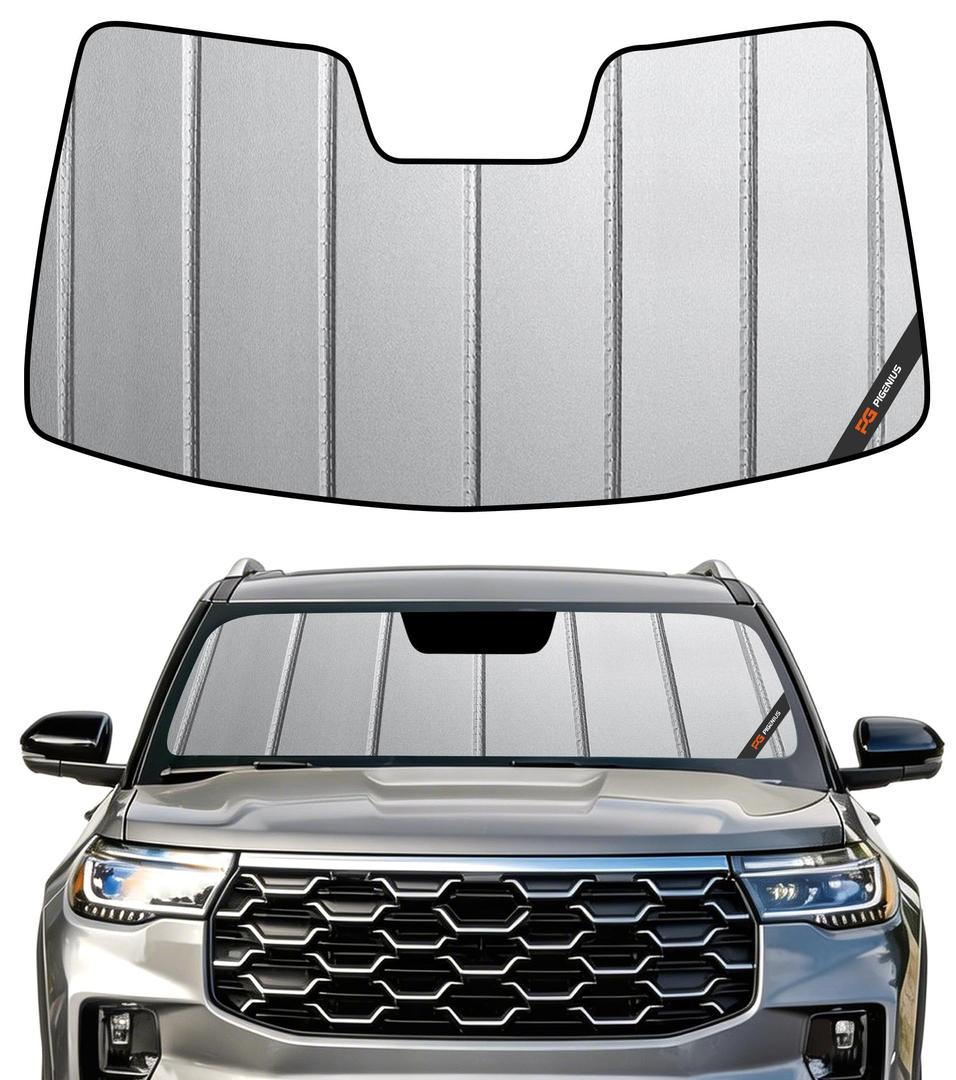 Pigenius Windshield Sunshade for Ford Explorer 2025-2026, Matte Silver Faux Leather with Anti Glare Premium Soft Touch - No Fingerprint & Luxury No Glare Feel