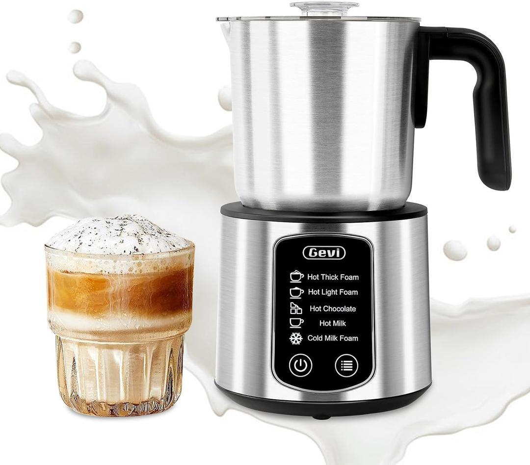 Gevi Milk Frother,5 in 1 Stainless Steel Professional Milk SteamerEasy to Clean Hot Chocolate Maker,for Hot and Cold Milk Frother for Latte,Macchiato,Cappuccino and Hot Chocolate