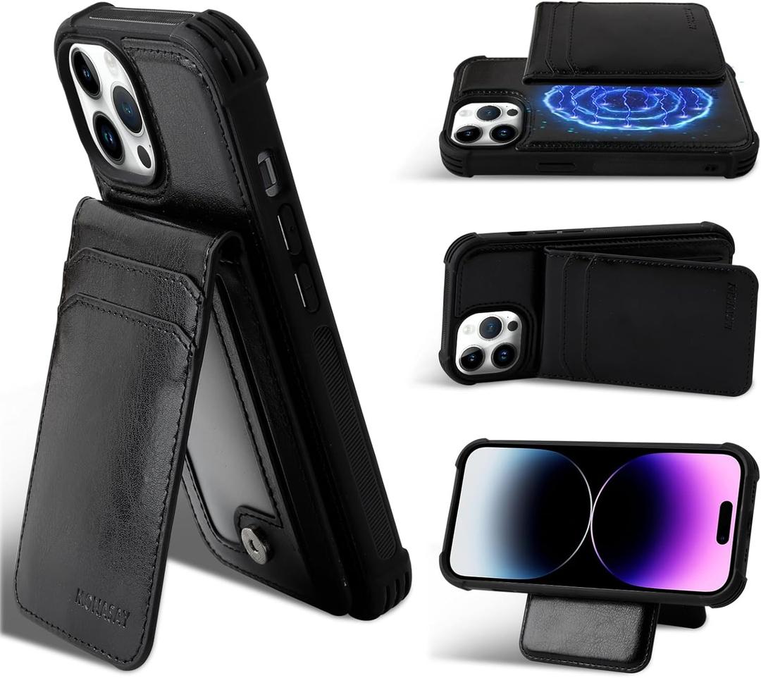 MONASAY Magsafe Wallet Case Compatible for iPhone 15 Pro 6.1 inch, [Supports Wireless Charging] [Screen Protector] Magnetic Leather Phone Cover with Detachable RFID Blocking Card Holder, Black