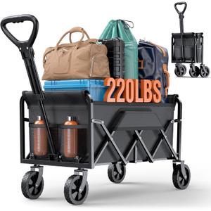 Collapsible Wagons Carts Foldable with 220lbs Weight Capacity, Lightweight Utility Portable Wagon Cart with Wheels, Grocery Foldable Wagon for Beach, Garden, Sports and Camping, Black