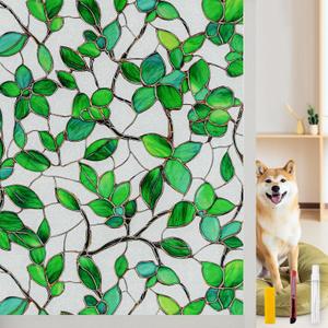 Window Privacy Film with Installation Tools Home Decorative Colored Glass Window Stickers Reusable electrostatic Rainbow Stickers (Frosted Greenery Leaf, 17.5 x 78.7 in)