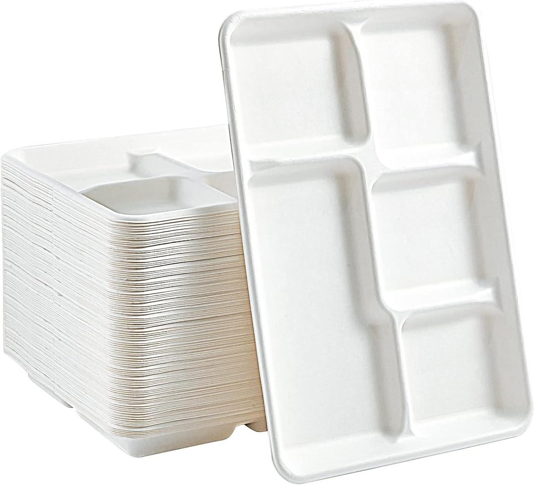 Vplus 100% Compostable 5 Compartment Paper Plates, 100 Pack, 12.5 x 8.6 inch Disposable School Lunch Trays, Eco-Friendly Bagasse Plates for Buffet, and Party