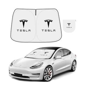 300T Sunshade for Tesla Model Y Model 3, Car Accessories 2026 for Tesla, Front Window Sunshade with Organizer Bag, Gifts for Tesla Owners