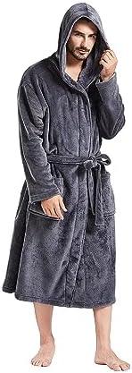 FashGudim Mens Hooded Robe Plush Shawl Collar Kimono Bathrobe Soft Warm Flannel Fleece Spa Robes House Coat Pajamas ,S/M
