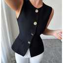 SOLY HUX Women's Summer Button Up Blazer Vest Elegant Crew Neck Sleeveless Business Casual Waistcoat Plain Black Small