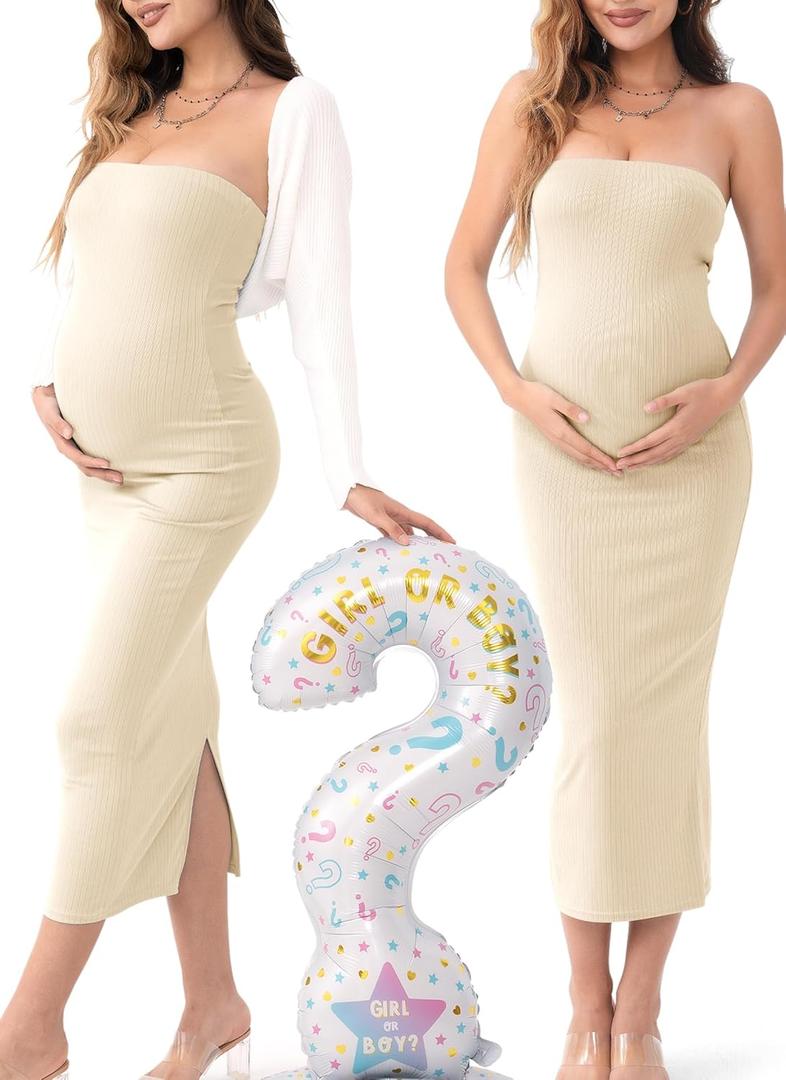 Rnxrbb 2 Piece Maternity Dress Shrug Cardigan Baby Shower Wedding Guest Bodycon Maternity Dresses Photoshoot Gender Reveal (L)