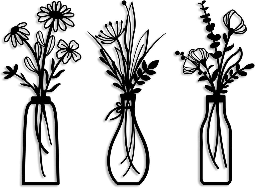Pigort 3 Pieces Metal Flowers Wall Arts - Rustic Farmhouse Decor Black Minimalist Flower Wall Decors for Living room Bathroom Bedroom Dining Room - Housewarming Gifts(Black, Vase-C) Pigort 3 Pieces Metal Flowers Wall Arts - Rustic Farmhouse Decor Black Minimalist Flower Wall Decors for Living room Bathroom Bedroom Dining Room - Housewarming Gifts(Black, Vase-C)