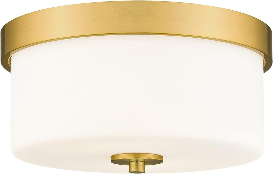 Emak 11 Inch Brushed Gold Flush Mount Ceiling Light Fixture, 2-Light Fixtures Ceiling Mount with Milk Glass Shades for Hallway, Kitchen, Bathroom, Dining Room, FM082-GD-ML