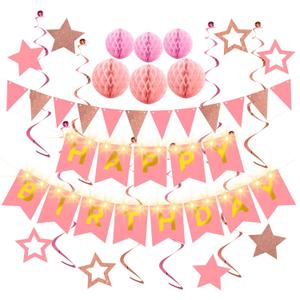 Birthday Decorations,Pink Happy Birthday Banner with Fairy lights,Pennant Banner,Honeycomb Balls and Star Hanging Swirls Streamer Happy Birthday Party Decorations for Women Men Boys Girls