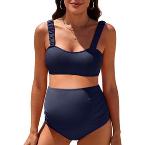 Century Star Maternity Bikini Swimsuit for Women - Two Piece High Waisted Bathing Suit Wide Ruched Straps Pregnancy Swimwear (Blue, L)