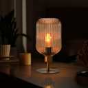MAINDECO Mid Century Glass Table Lamp,Dimmable Desk Lamp,LED Bulb Included,Timer Build-in,Cognac Amber Ribbed Glass