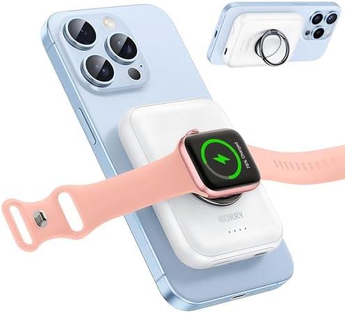 RORRY for Magsafe Portable Charger, [for iPhone & iWatch] Fast Charging Magnetic Power Bank, 5000mAh for Wireless Portable Charger, for Magsafe Battery Pack with Finger Ring, White
