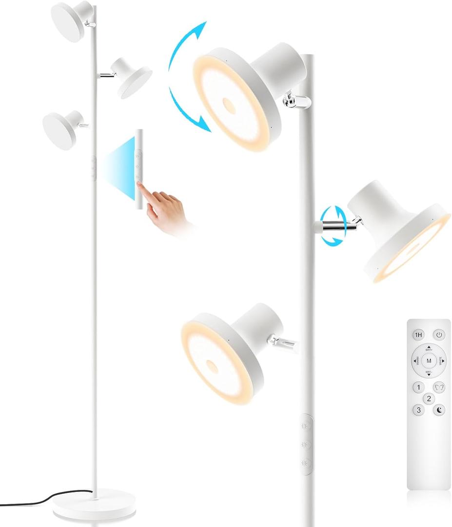 LED Tree Floor Lamp, 36W Industrial Dimmable Standing Lamp with Remote & Touch Control, 3 Rotatable LED Light Modern Floor Lamps for Living Room, Bedroom, Office (White) 