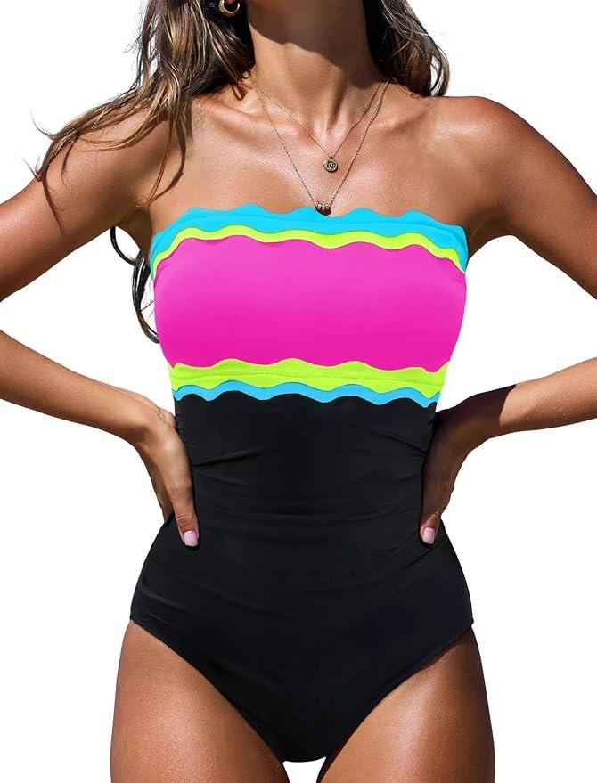 popvil One Piece Swimsuits for Women Tummy Control Strapless Bathing Suits Neon bandeau swimwear, Removable straps, Color block, Moderate bottom coverage, Beach, Pool, Cruise and vacation, M