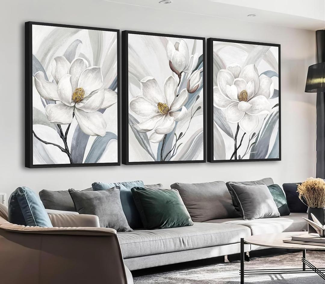 ASDCEUTICALS Framed Canvas Wall Art - Floral Aesthetic Wall Decor Delicate Magnolia Paintings Vibrant White Flowers Pictures Artwork for Living Room Bedroom Office Kitchen 16" X 24" X 3 Panels (Grey)