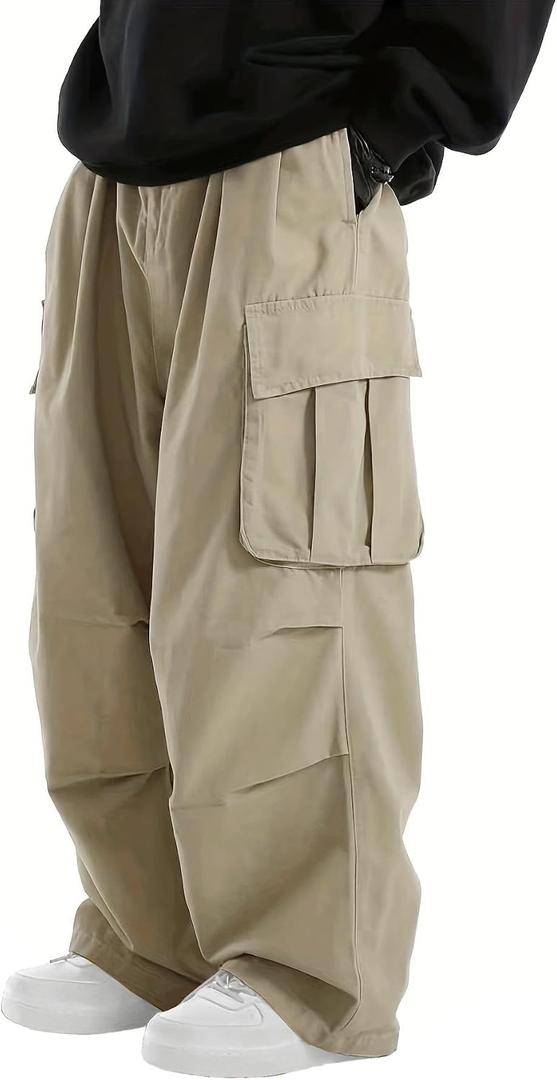 Men's Baggy Cargo Pants Elastic Drawstring Parachute Cargo Pants Casual Loose Fit Joggers Hiking Pants with Pockets, XL