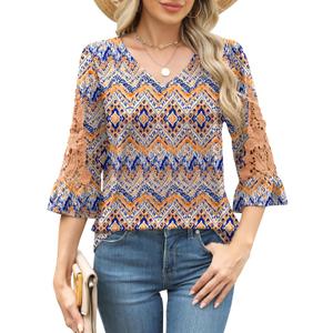 Rapbin 3/4 Length Sleeve Womens Tops Summer Lace Ruffles Sleeve T Shirts V-Neck Dressy Casual Trendy Tunic Blouses (M)