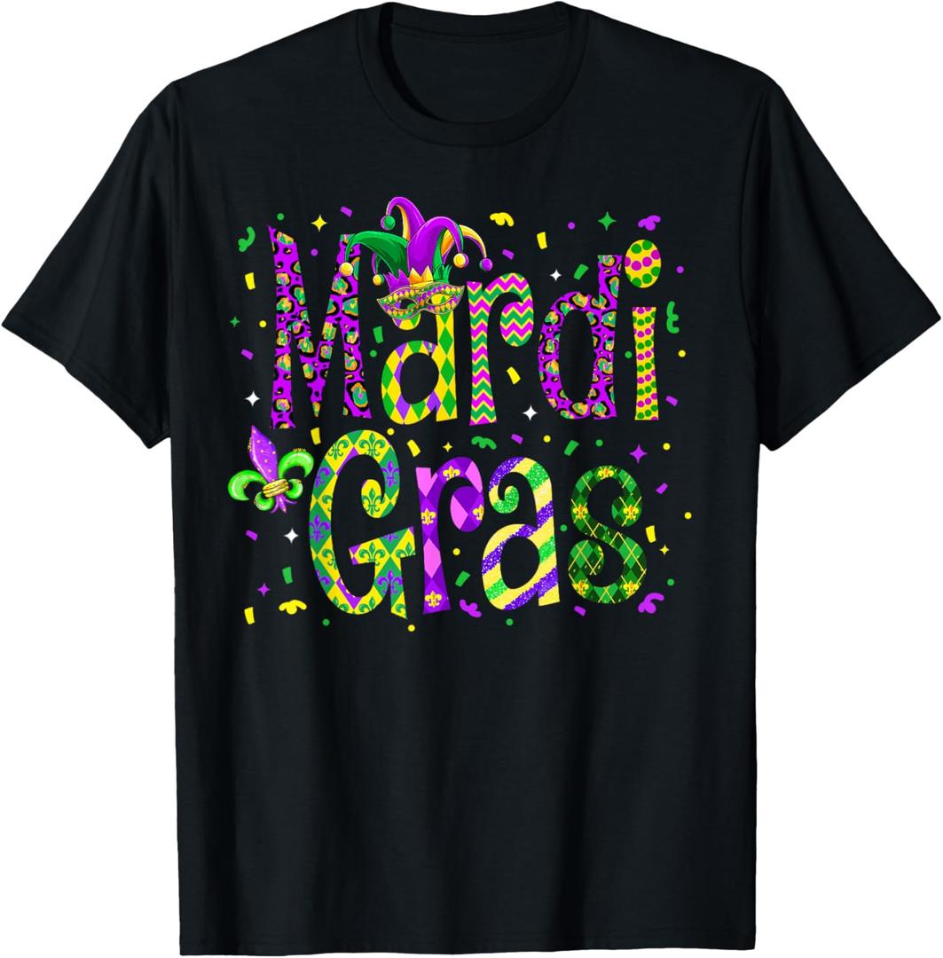Funny Mardi Gras Parade Outfit Jester Hat Men Women Kids T-Shirt, (Small, Black)
