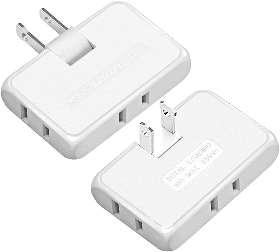 3 Way Flat Wall Outlet Extender,2 Prong180 Degree Portable Swivel Flat Wall Plug Adapter,Ultra Thin Folding Electrical Outlet Splitter,Easy to Carry,Type A,White,Pack of 2