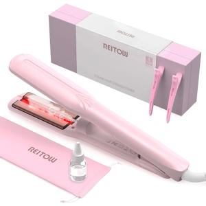 1.5 Inch Wide Steam Hair Straightener for Women, Infrared Flat Iron for All Hair Type, Dual Voltage Ceramic Hair Straightening Iron, Reduce Damage,Static,frizz; Boost Hydration,Shine, Pink