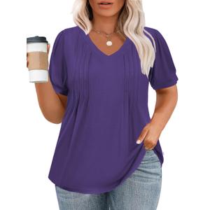 Plus Size Shirts for Women Summer Puff Sleeve Tops Flowy V Neck Blouse (XXL)
