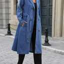 Womens Long Denim Jacket Plus Size Lapel Collar Long Sleeve Trench Coat Button Down Over Knee Tunic Outerwear (Large, Blue)