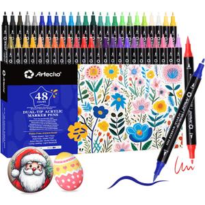 Artecho Acrylic Paint Markers 48 Colors, Acrylic Paint Pens with Brush Tip and Fine Tip for Stone, Rock Painting, Paper, Pumpkin, Wood, Egg, Canvas, Ceramic, Fabric, leather, Glass, DIY Crafts