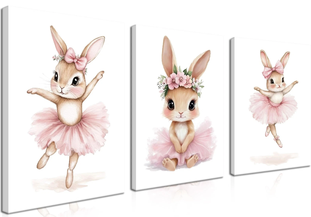 Baby Girl Nursery Wall Decor, Easter Nursery Canvas Wall Art Paintings Set of 3, Cute Animal Pink Bunny Posters Prints Pictures for Boys and Girls Room, Bedroom, Home Decor 12x16 In Framed