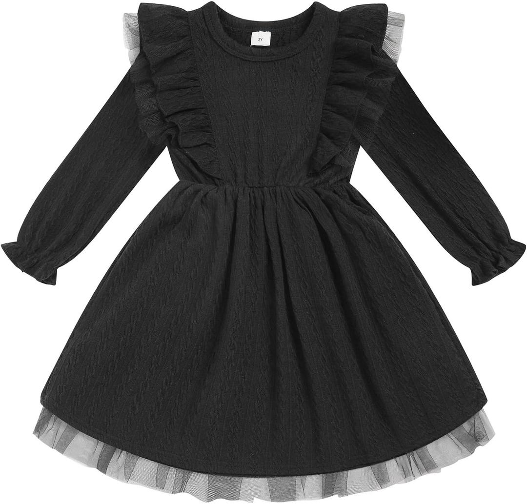 Toddler Girl Dress Fall Ruffle Long Sleeve Baby Girl Solid Color Casual Dresses (Black, 6Y)
