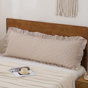 Tan Gingham Ruffle Body Pillow Case 100% Washed Cotton Like Linen Feel Soft Comfy 1 Pack Plaid Checkered Cute Fall Decorative Bedding Pillow Cover Sham (20x54 Inches, Envelope Closure)