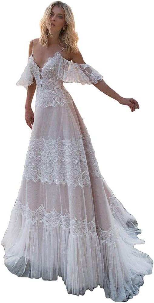 Women's Wedding Dresses Chic Lace Evening Dresses V Neck Ruffle Sleeves Beachy Boho Outdoorsy Wedding Gowns XL
