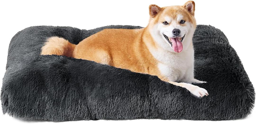 EHEYCIGA Fluffy Dog Crate Bed for Large Dogs, Plush Faux Fur Crate Pad, Calming Anti Anxiety Large Dog Bed, Washable Soft Warm Mat with Non-Slip Bottom, Dark Grey (35.4 x 23.6)