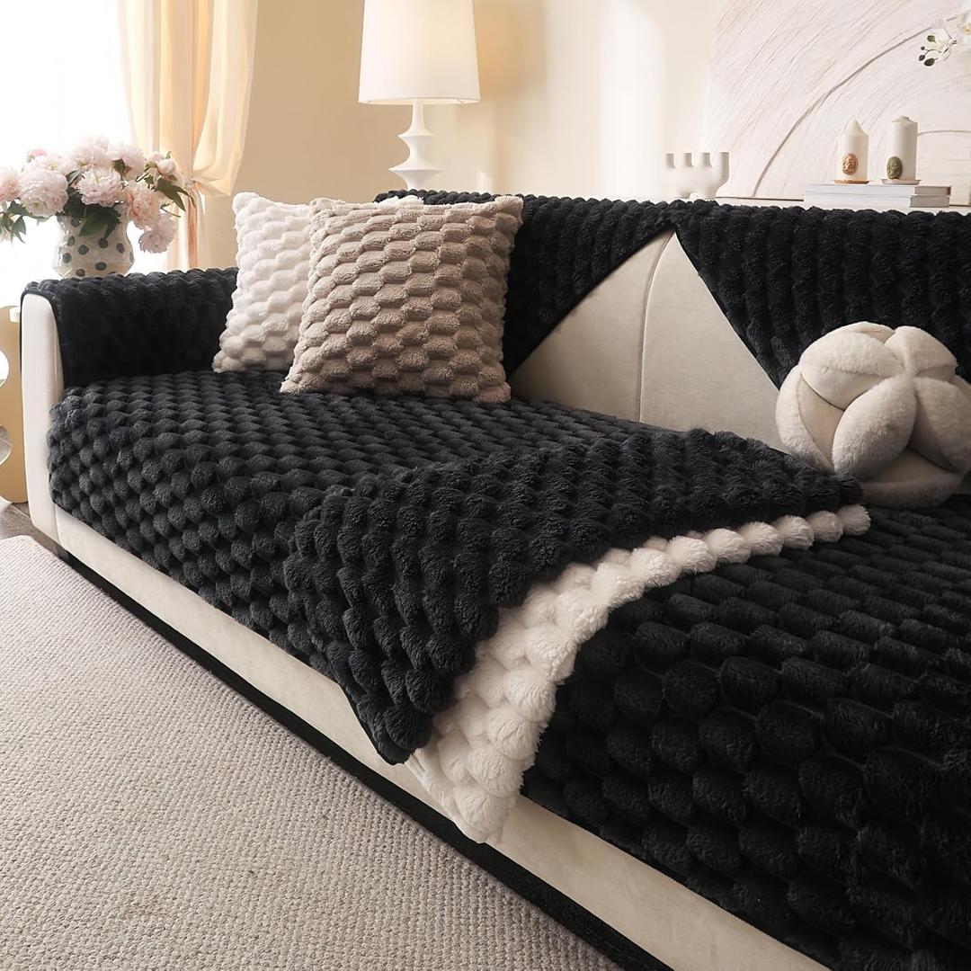 Soft Plush Faux Fur Couch Cover, Fluffy Non Slip Sectional Sofa Covers for 3 Cushion Couch, Furniture Protector Sofa Slipcover(1 PCS 36"x82" Black)