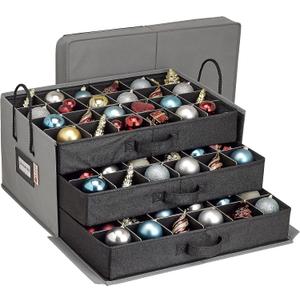 HOLDN STORAGE Christmas Ornament Storage Box with Dividers, Holds 72 Ornaments (3 Inch), Large Ball Storage Container with 3 Removable Trays, Durable and Portable - Gray