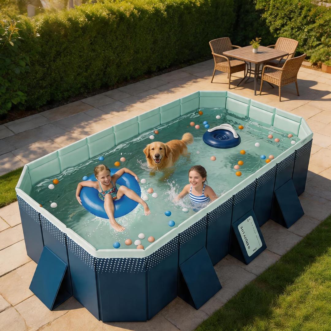 Foldable Pool, Non-Inflatable Swimming Pool for Kids Adults, Extra Large Stable Collapsible Pool Hard Plastic, Portable Folding Kids Dogs Pool for Family Backyard Garden Outdoor, 113"L x 66"W x 21"H