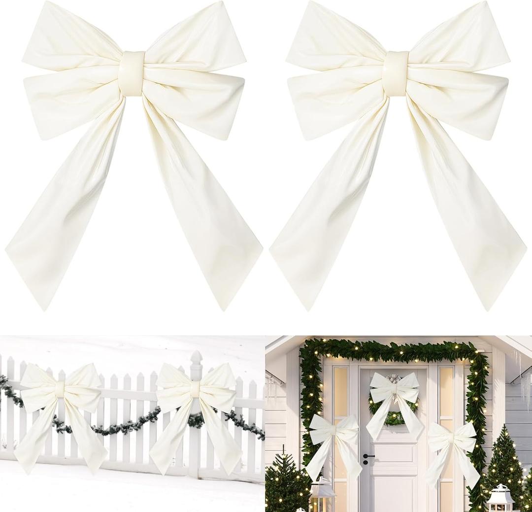 Hungdao 2 Pack Large White Wreath Bows 24x36 Waterproof Fabric Bows Outdoor Wedding Decorative Farmhouse Ornaments for Valentine Wedding Party Hanging Wall Front Indoor Decor