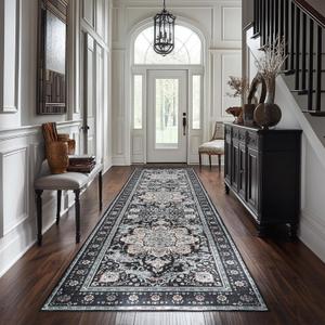 2x8 Runner Rug Non Slip Washable Bedside Laundry Room Floor Rug Low Pile Water Repellent Soft Distressed Carpet for Kitchen Living Room Bathroom Entryway(Black/Multi,2x8ft)