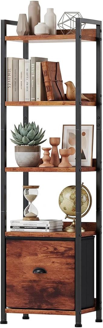 DUMOS 5 Tier Bookshelf with Fabric Drawer, Display Standing Shelf, Brown