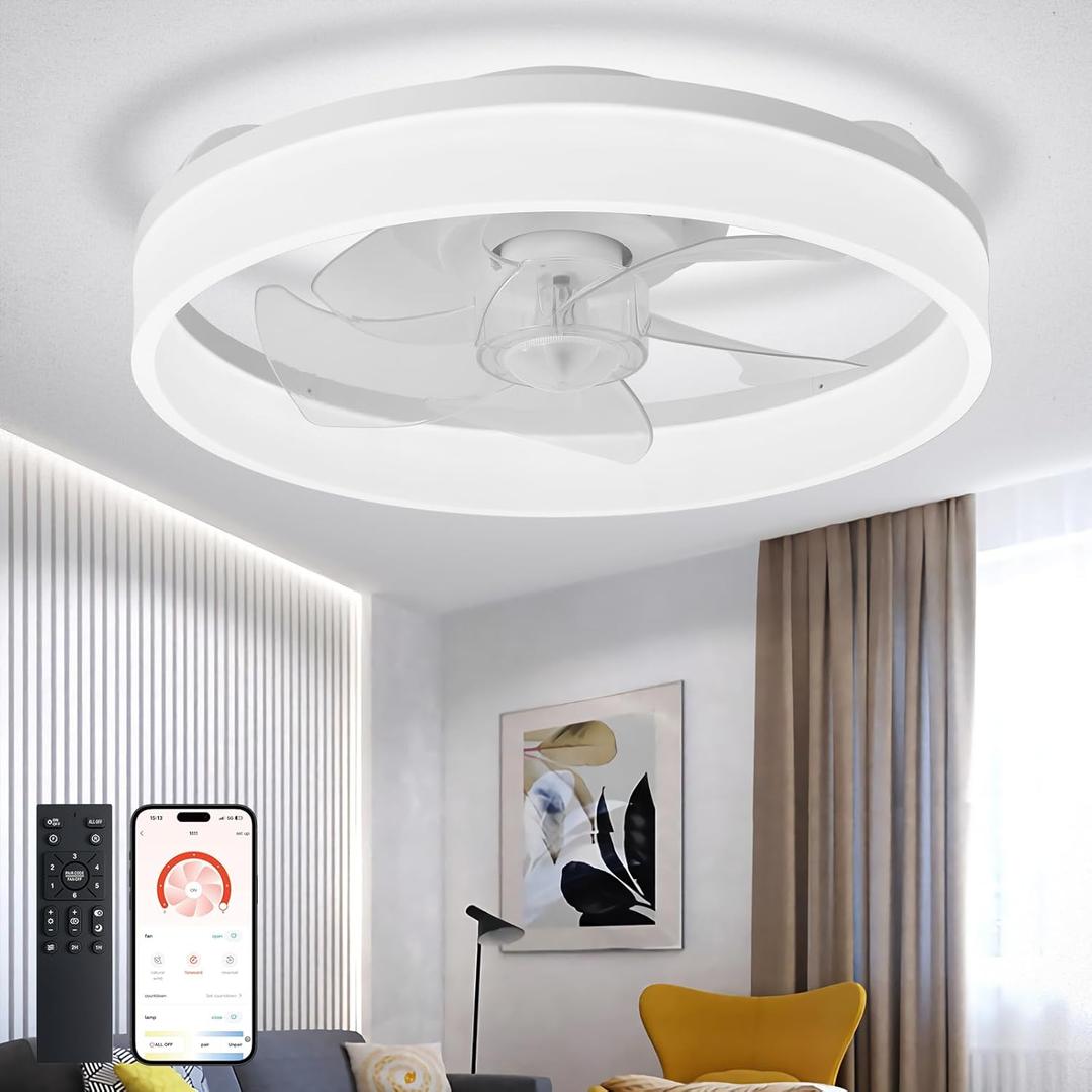 DLLT LED Ceiling Fan with Light: 16" Modern Low Profile Flush Mount Fandelier with App & Remote Control - Dimmable White Bladeless Fan Light Fixture for Bedroom Kids Room Living Room