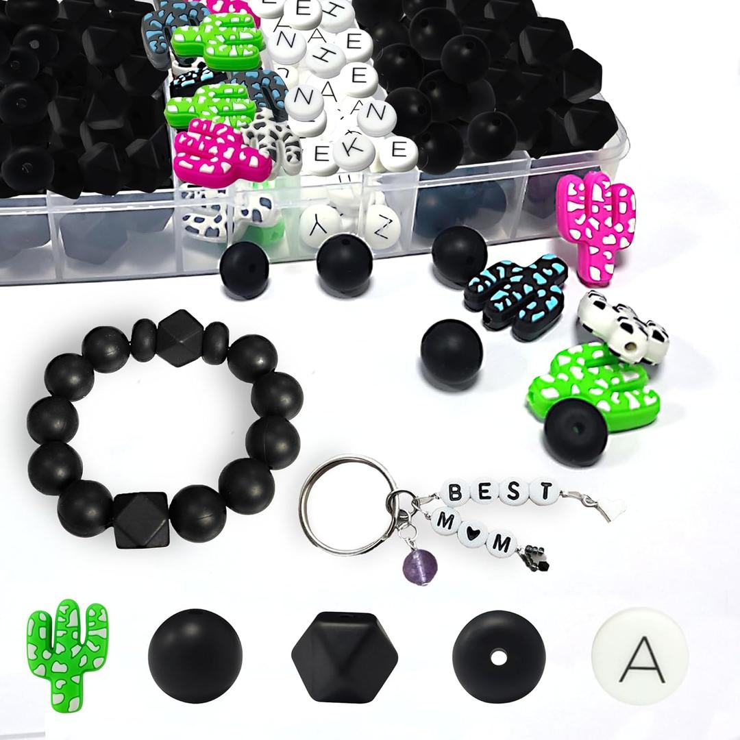 99-Piece Silicone Bead Set - 60 Black Beads in 3 Shapes, Alphabet & 5 Extra Vowels, 8 Cactus Beads in 4 Colors - Ideal for DIY Projects