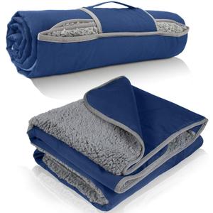 Tirrinia Waterproof Outdoor Blanket with Sherpa Lining, Windproof Triple Layers Warm Comfy Foldable for Camping Stadium, Beach, Picnic, Grass, Concerts, Car, Dog, 51''X 59'' & 59''X 80'' (Navy/Grey)