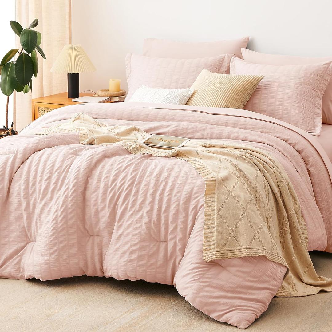 CozyLux Full Size Comforter Sets with Sheets Seersucker 7 Pieces Blush Pink Bed in a Bag Textured Luxury Soft Bedding Set with Down Alternative Comforter, Sheets, Pillowcases & Shams for All Seasons