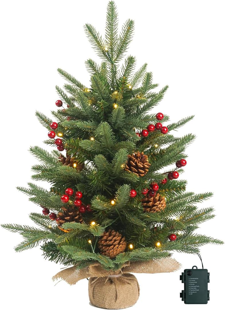 Prelighted Mini Christmas Tree 2 ft with 50 LED Light, 80 Tips Mini Fir Artificial Small Xmas Tree with Timer 24 inch Tabletop Tree Christmas Decoration for Bedroom Fireplace Mantel