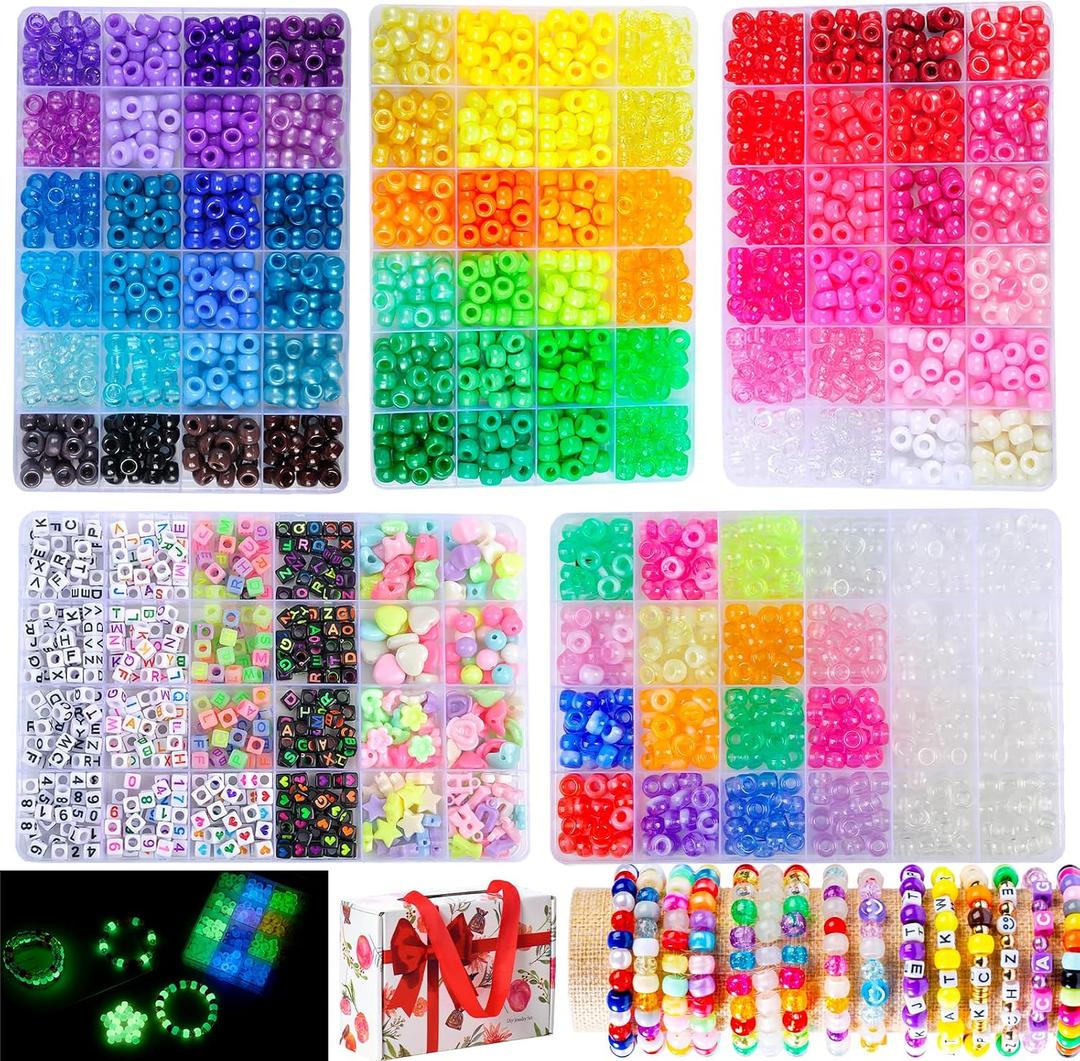 SJZWSD Kandi Beads Bulk Pony Beads Kit 3600+ Pcs, Rave Bracelet Making Set with Glow in The Dark, 96 Colors UV Star Heart Flower Alphabet Letters for Girls Kids Teens DIY Gift