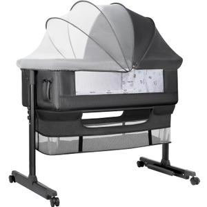Baby Cradle, Freestanding Bedside Bassinet, 3-in-1 Convertible Bassinet with 360 Swivel Wheels, 2026 New Model Adjustable, Easy-Fold Portable Neutral Baby Newborn Bassinet (Dark Gray)